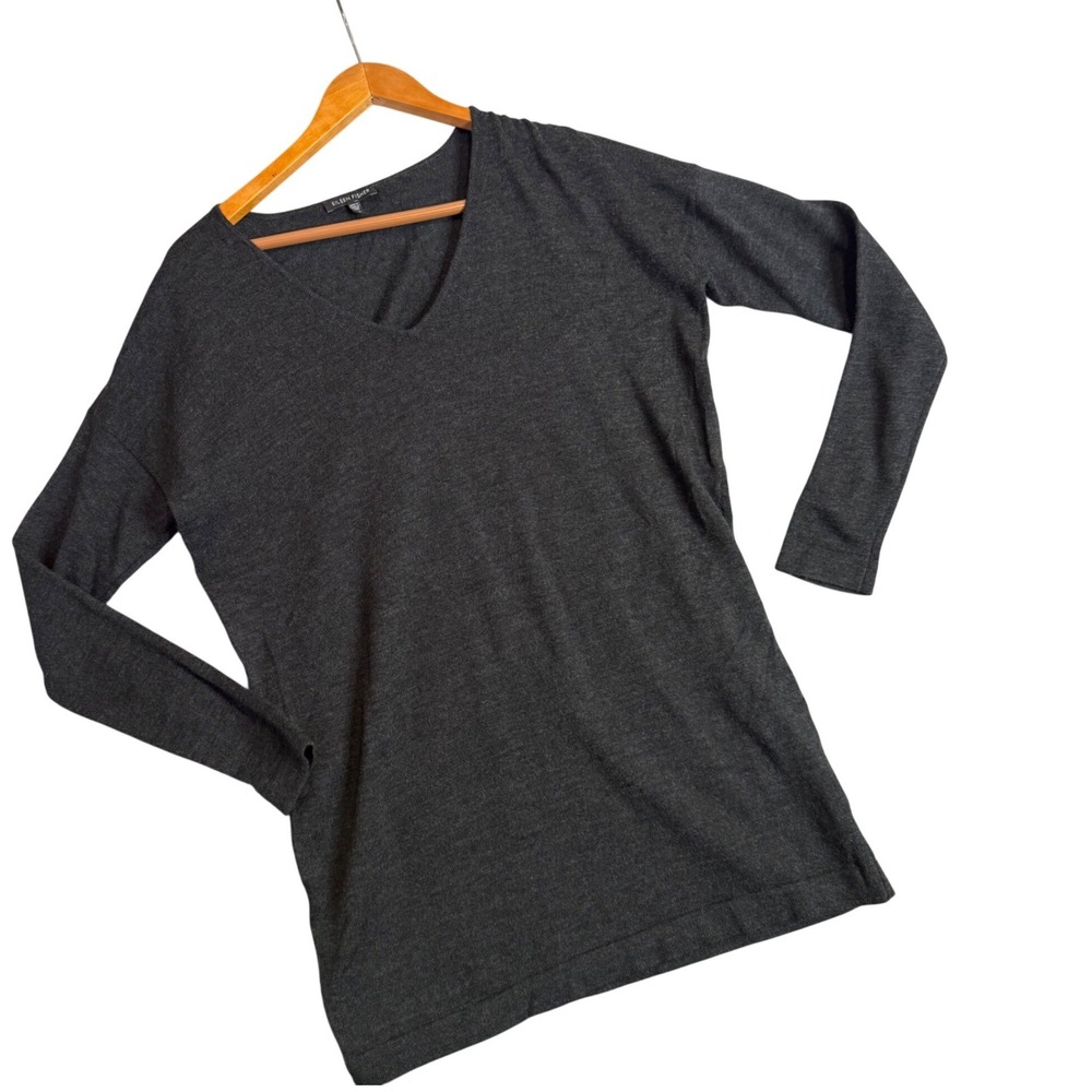 Eileen Fisher V-Neck Sweater Womens XS Gray Merino Wool Tunic Drop Shoulder